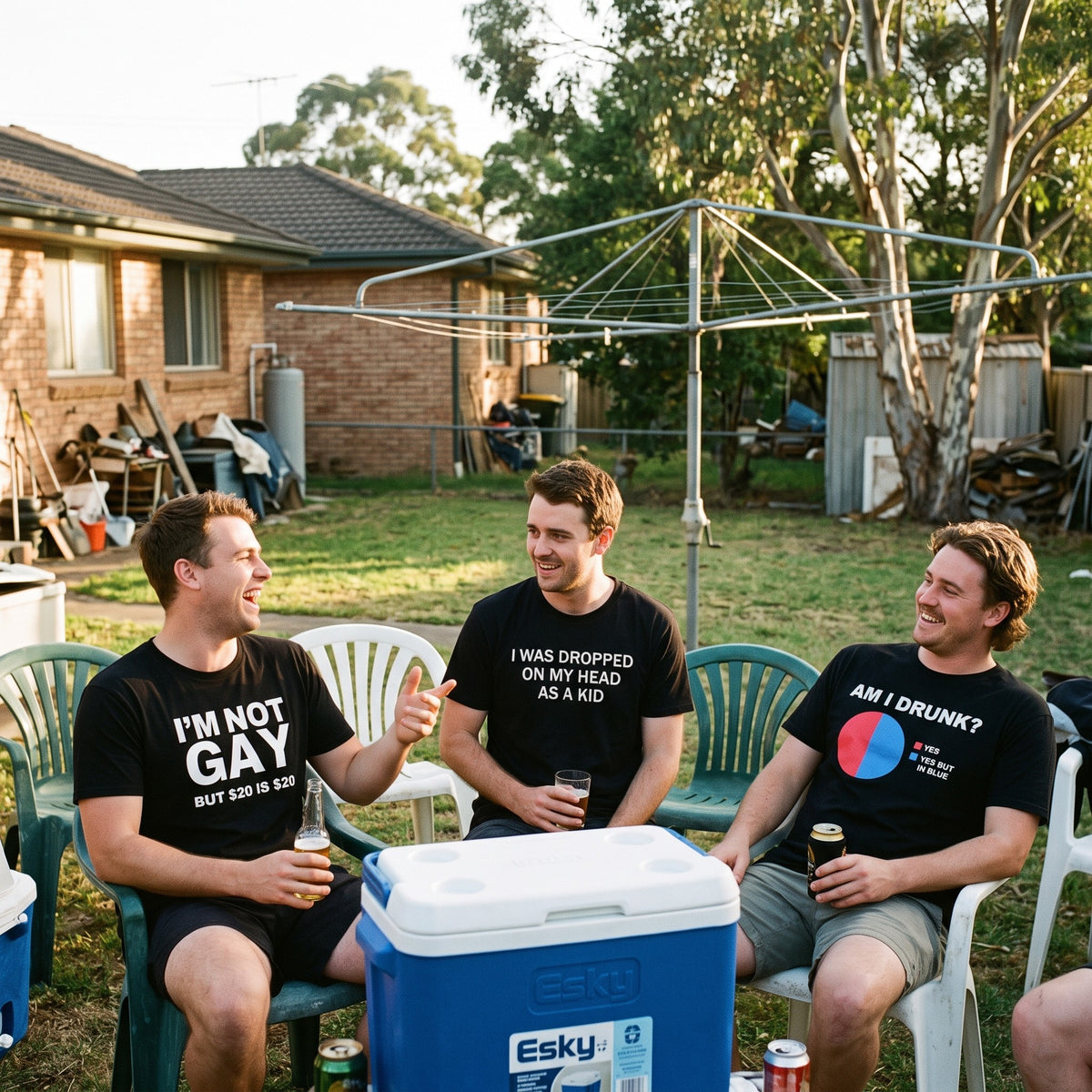 Three mates at a backyard barbecue wearing Pulled From Shelves tees